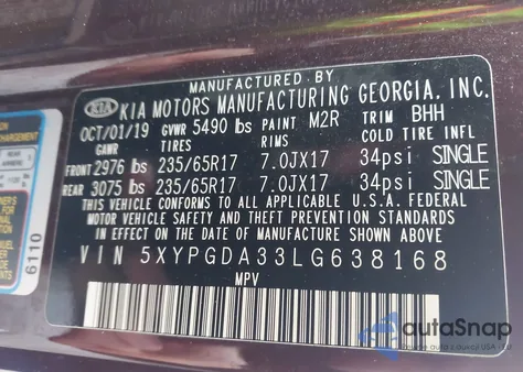 2020 Kia Sorento 2.4L Lx from USA, damaged, VIN 5XYPGDA33LG638168